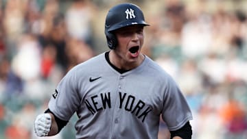 Apr 29, 2025; Baltimore, Maryland, USA; New York Yankees first baseman Ben Rice (22) celebrates after hitting a home run during the first inning against the Baltimore Orioles at Oriole Park at Camden Yards. 