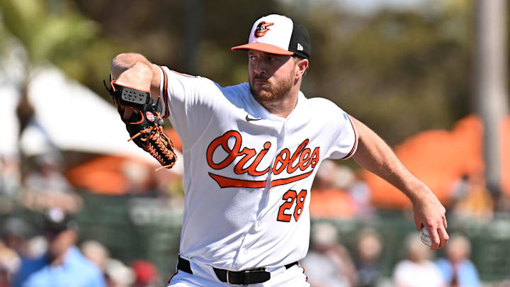 Feb 20, 2026; Sarasota, Florida, USA; Baltimore Orioles starting pitcher Trevor Rogers (28) throws a pitch in the first inning against the New York Yankees during spring training at Ed Smith Stadium. Mandatory Credit: Jonathan Dyer-Imagn Images