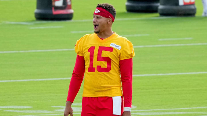 Jul 22, 2025; St. Joseph, MO, USA; Kansas City Chiefs quarterback Patrick Mahomes (15) on field during training camp at Missouri Western State University. Mandatory Credit: Denny Medley-Imagn Images