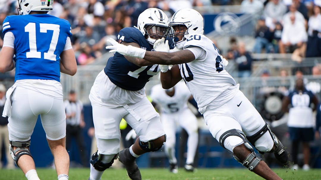 Penn State defensive end Mylachi Williams (20) rushes the quarterback during the Blue-White game at Beaver Stadium on Saturday, April 26, 2025, in State College. The White team defeated the Blue team, 10-8.