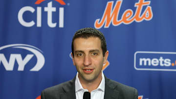 Dec 12, 2024; Flushing, NY, USA; New York Mets general manager David Stearns speaks to the media during a Juan Soto introductory press conference at Citi Field. Mandatory Credit: Brad Penner-Imagn Images