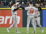 May 23, 2024; Chicago, Illinois, USA; Baltimore Orioles players celebrate after defeating the Chicago White Sox at Guaranteed Rate Field.