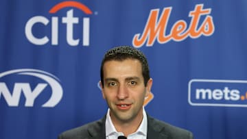 Dec 12, 2024; Flushing, NY, USA; New York Mets general manager David Stearns speaks to the media during a Juan Soto introductory press conference at Citi Field. Mandatory Credit: Brad Penner-Imagn Images