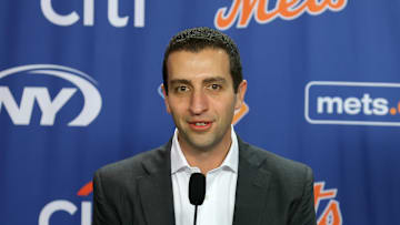 Dec 12, 2024; Flushing, NY, USA; New York Mets general manager David Stearns speaks to the media during a Juan Soto introductory press conference at Citi Field. Mandatory Credit: Brad Penner-Imagn Images