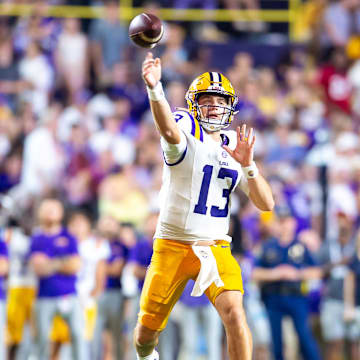 Quarterback Garrett Nussmeier throws a pass as LSU Tigers takes on Nicholls State at Tiger Stadium in Baton Rouge on Sept. 7.