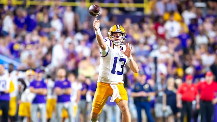 Quarterback Garrett Nussmeier throws a pass as LSU Tigers takes on Nicholls State at Tiger Stadium in Baton Rouge on Sept. 7.