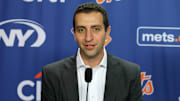 Dec 12, 2024; Flushing, NY, USA; New York Mets general manager David Stearns speaks to the media during a Juan Soto introductory press conference at Citi Field. 