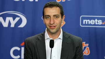 Dec 12, 2024; Flushing, NY, USA; New York Mets general manager David Stearns speaks to the media during a Juan Soto introductory press conference at Citi Field. 