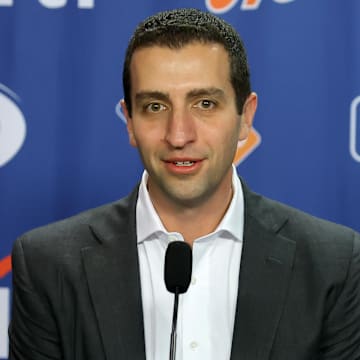 Dec 12, 2024; Flushing, NY, USA; New York Mets general manager David Stearns speaks to the media during a Juan Soto introductory press conference at Citi Field. 