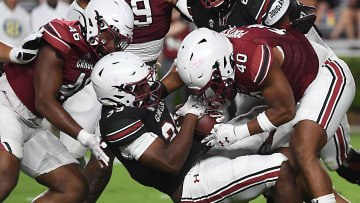 South Carolina football linebacker Ronnie Porter making a tackle during the Garnet and Black Spring Game