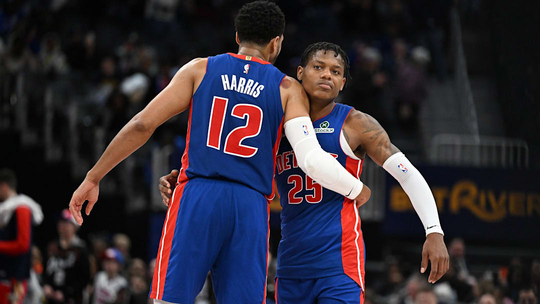 Detroit Pistons guard Marcus Sasser (25) celebrates with forward Tobias Harris (12) after beating the New Orleans Pelicans at Little Caesars Arena.