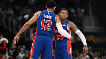 Detroit Pistons guard Marcus Sasser (25) celebrates with forward Tobias Harris (12) after beating the New Orleans Pelicans at Little Caesars Arena.
