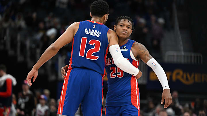 Detroit Pistons guard Marcus Sasser (25) celebrates with forward Tobias Harris (12) after beating the New Orleans Pelicans at Little Caesars Arena.