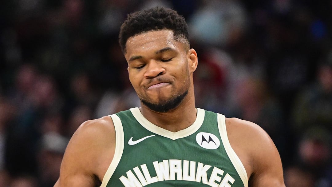 Nov 1, 2025; Milwaukee, Wisconsin, USA; Milwaukee Bucks forward Giannis Antetokounmpo (34) reacts after missing a shot late in the fourth quarter against the Sacramento Kings at Fiserv Forum. Mandatory Credit: Benny Sieu-Imagn Images