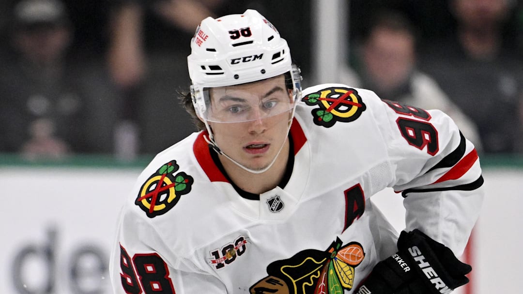 Mar 8, 2026; Dallas, Texas, USA; Chicago Blackhawks center Connor Bedard (98) skates against the Dallas Stars during the third period at the American Airlines Center. Mandatory Credit: Jerome Miron-Imagn Images