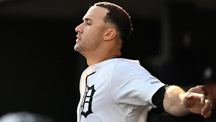 Detroit Tigers starting pitcher Jack Flaherty (9) in the dugout in between the first and second inning of their game against the San Francisco Giants at Comerica Park.