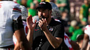 Ohio State Buckeyes head coach Ryan Day leads warm ups prior to the College Football Playoff quarterfinal against the Oregon Ducks at the Rose Bowl in Pasadena, Calif. on Jan. 1, 2025.