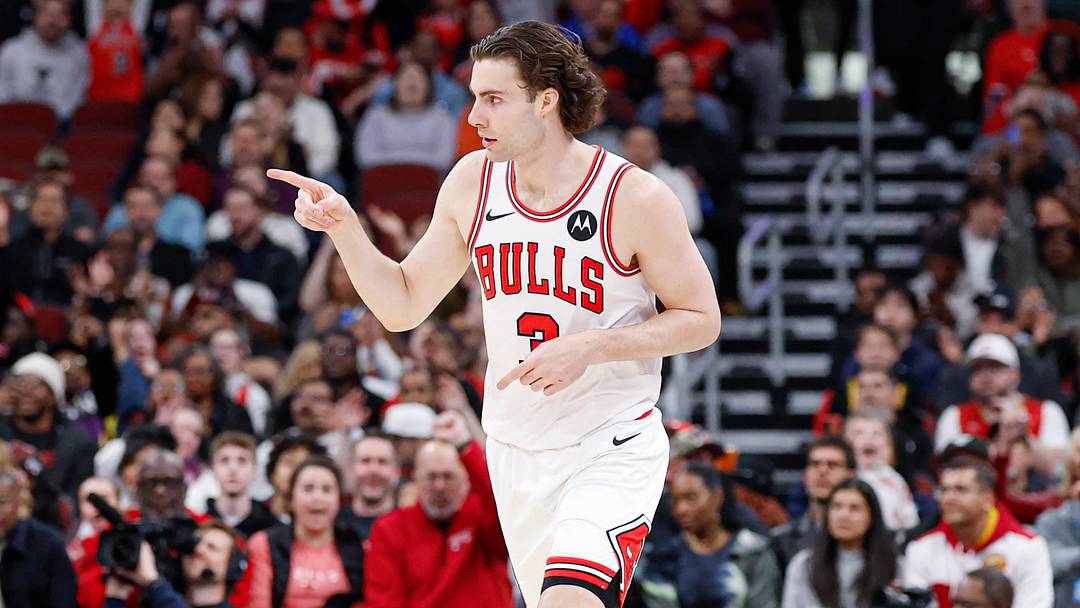 Mar 23, 2026; Chicago, Illinois, USA; Chicago Bulls guard Josh Giddey (3) reacts after scoring against the Houston Rockets during the first half at United Center. Mandatory Credit: Kamil Krzaczynski-Imagn Images