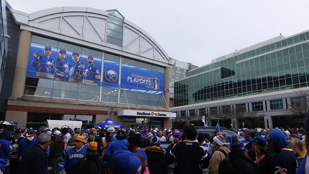 Apr 19, 2026; Buffalo, New York, USA; Fans wait for the doors to open before a game between the Buffalo Sabres and the Boston Bruins in game one of the first round of the 2026 Stanley Cup Playoffs at KeyBank Center. Mandatory Credit: Timothy T. Ludwig-Imagn Images