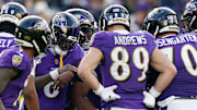 Dec 7, 2025; Baltimore, Maryland, USA; Baltimore Ravens quarterback Lamar Jackson (8) huddles with teammates before a play Pittsburgh Steelers during the second half at M&T Bank Stadium. Mandatory Credit: Mitch Stringer-Imagn Images