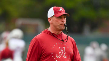 Mar 21, 2024; Tuscaloosa, Alabama, USA; Alabama head coach Kalen DeBoer blows his whistle during practice at the University Alabama Thursday.