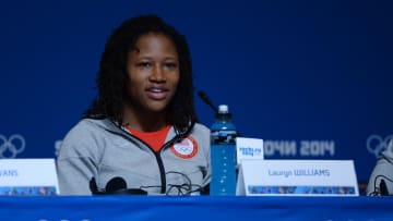 Feb 3, 2014; Sochi, RUSSIA; Lauryn Williams addresses the media during the USA Women's Bobsled Team press conference prior to the 2014 Sochi Winter Olympic Games at Main Media Center-Tolstoy Hall. Mandatory Credit: Kyle Terada-USA TODAY Sports