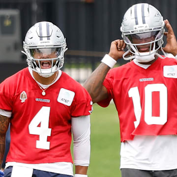 Dallas Cowboys quarterback Dak Prescott reacts during a practice drill at the Ford Center at the Star Training Facility.