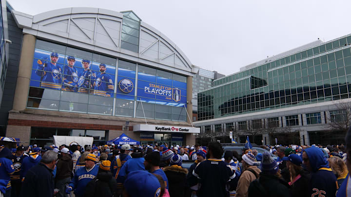Apr 19, 2026; Buffalo, New York, USA; Fans wait for the doors to open before a game between the Buffalo Sabres and the Boston Bruins in game one of the first round of the 2026 Stanley Cup Playoffs at KeyBank Center. Mandatory Credit: Timothy T. Ludwig-Imagn Images