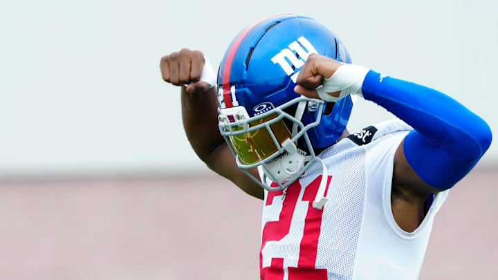 New York Giants cornerback Paulson Adebo (21) is ready for practice, Sunday, July 27, 2025, in East Rutherford.