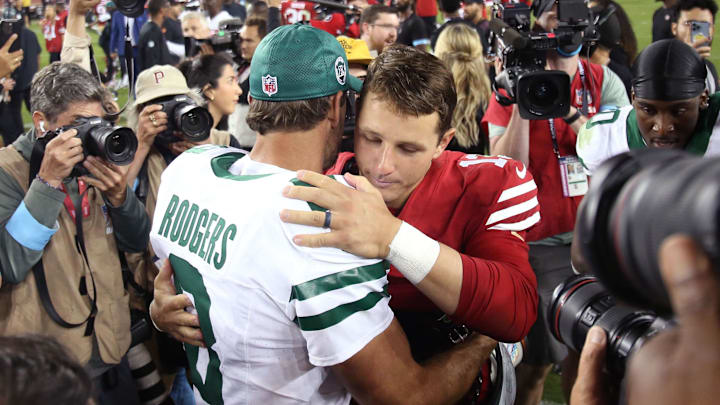 Sep 9, 2024; Santa Clara, California, USA; New York Jets quarterback Aaron Rodgers (8) greets San Francisco 49ers quarterback Brock Purdy (13) after a game at Levi's Stadium. Mandatory Credit: David Gonzales-Imagn Images