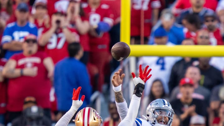 October 8, 2023; Santa Clara, California, USA; Dallas Cowboys quarterback Dak Prescott (4) passes the football against San Francisco 49ers defensive end Drake Jackson (95) during the first quarter at Levi's Stadium. Mandatory Credit: Kyle Terada-USA TODAY Sports