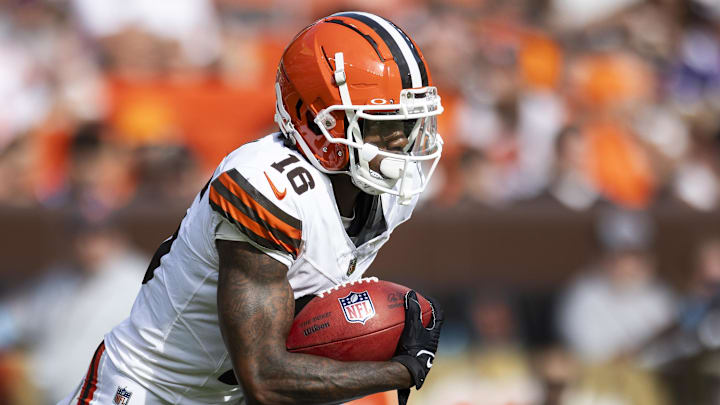 Aug 17, 2024; Cleveland, Ohio, USA; Cleveland Browns wide receiver Jaelon Darden (16) returns a kickoff against the Minnesota Vikings during the second quarter at Cleveland Browns Stadium. Mandatory Credit: Scott Galvin-Imagn Images