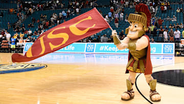 March 11, 2015; Las Vegas, NV, USA; Southern California Trojans mascot waves a flag during the second half in the first round of the Pac-12 Conference tournament against the Arizona State Sun Devils at MGM Grand Garden Arena. The Trojans defeated the Sun Devils 67-64. Mandatory Credit: Kyle Terada-Imagn Images