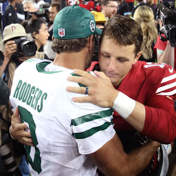 Sep 9, 2024; Santa Clara, California, USA; New York Jets quarterback Aaron Rodgers (8) greets San Francisco 49ers quarterback Brock Purdy (13) after a game at Levi's Stadium. Mandatory Credit: David Gonzales-Imagn Images