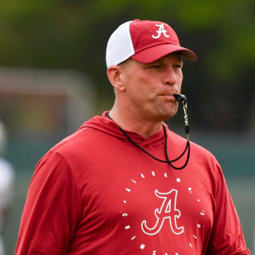 Mar 21, 2024; Tuscaloosa, Alabama, USA; Alabama head coach Kalen DeBoer blows his whistle during practice at the University Alabama Thursday.