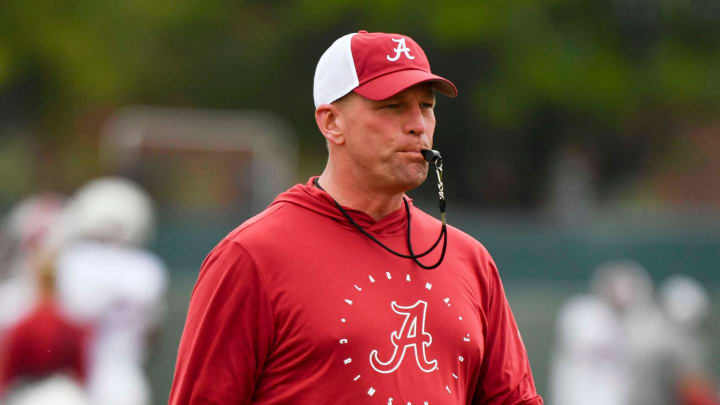 Mar 21, 2024; Tuscaloosa, Alabama, USA; Alabama head coach Kalen DeBoer blows his whistle during practice at the University Alabama Thursday.