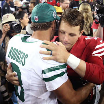 Sep 9, 2024; Santa Clara, California, USA; New York Jets quarterback Aaron Rodgers (8) greets San Francisco 49ers quarterback Brock Purdy (13) after a game at Levi's Stadium. 