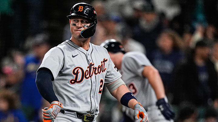 Detroit Tigers first baseman Spencer Torkelson (20) reacts after striking out against Seattle Mariners during the thirteenth inning during ALDS Game 5 at T-Mobile Park in Seattle on Friday, Oct. 10, 2025.