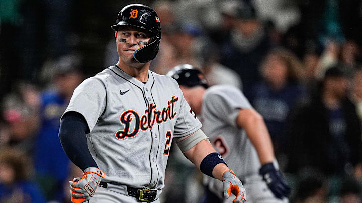 Detroit Tigers first baseman Spencer Torkelson (20) reacts after striking out against Seattle Mariners during the thirteenth inning during ALDS Game 5 at T-Mobile Park in Seattle on Friday, Oct. 10, 2025.