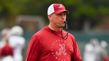 Mar 21, 2024; Tuscaloosa, Alabama, USA; Alabama head coach Kalen DeBoer blows his whistle.