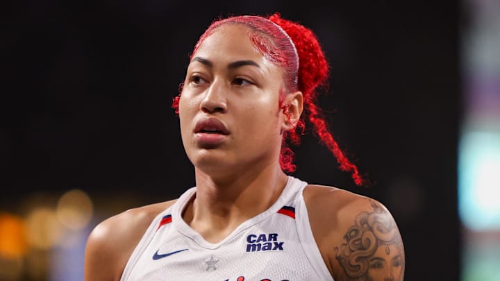 Aug 3, 2025; College Park, Georgia, USA; Washington Mystics forward Shakira Austin (0) in action against the Atlanta Dream in the first quarter at Gateway Center Arena at College Park. Mandatory Credit: Brett Davis-Imagn Images