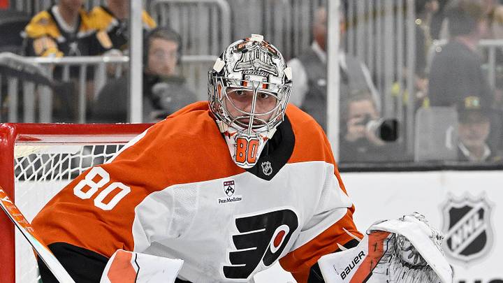 Sep 29, 2025; Boston, Massachusetts, USA;  Philadelphia Flyers goaltender Dan Vladar (80) in net during the first period against the Boston Bruins at TD Garden. Mandatory Credit: Eric Canha-Imagn Images