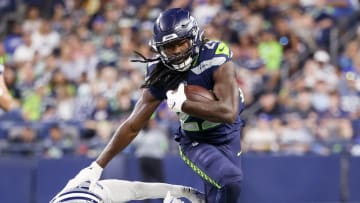 Aug 19, 2023; Seattle, Washington, USA; Seattle Seahawks running back SaRodorick Thompson Jr. (29) rushes against the Dallas Cowboys during the third quarter at Lumen Field. Mandatory Credit: Joe Nicholson-USA TODAY Sports