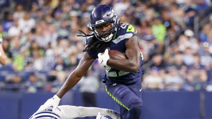 Aug 19, 2023; Seattle, Washington, USA; Seattle Seahawks running back SaRodorick Thompson Jr. (29) rushes against the Dallas Cowboys during the third quarter at Lumen Field. Mandatory Credit: Joe Nicholson-USA TODAY Sports