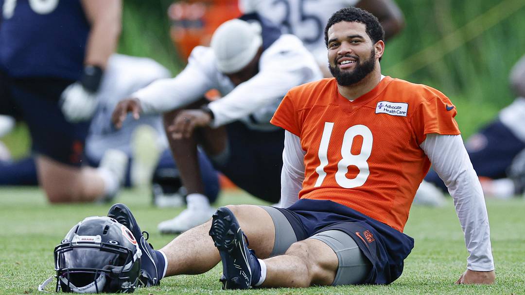 Jun 11, 2026; Lake Forest, IL, USA; Chicago Bears quarterback Caleb Williams (18) smiles during Minicamp at Halas Hall. Mandatory Credit: Kamil Krzaczynski-Imagn Images