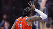 Dec 10, 2025; Oklahoma City, Oklahoma, USA; Oklahoma City Thunder guard Jalen Williams (8) gestures after scoring against the Phoenix Suns during the second quarter at Paycom Center. Mandatory Credit: Alonzo Adams-Imagn Images