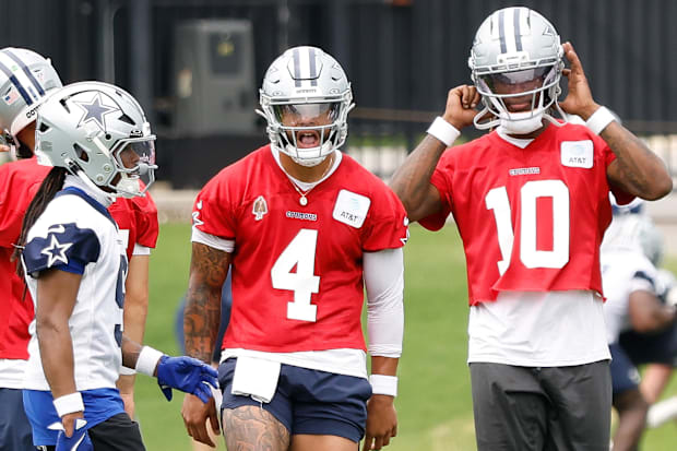 Dallas Cowboys quarterback Dak Prescott reacts during a practice drill at the Ford Center at the Star Training Facility.