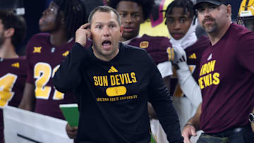 Dec 7, 2024; Arlington, TX, USA; Arizona State Sun Devils head coach Kenny Dillingham yells on the sidelines during the game against the Iowa State Cyclones at AT&T Stadium. Mandatory Credit: Tim Heitman-Imagn Images