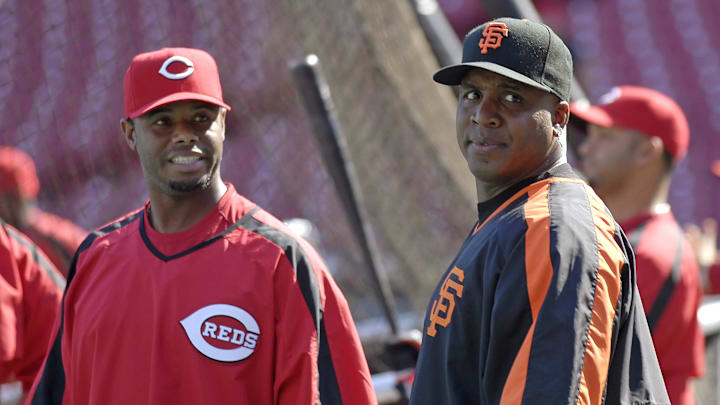 Jul 3, 2007; Cincinnati, OH, USA; Cincinnati Reds outfielder Ken Griffey Jr talks with San Francisco Giants outfielder Barry Bonds before the game at Great American Ballpark in Cincinnati, OH. 