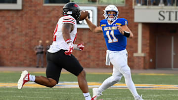 South Dakota State quarterback Mark Gronowski (11) goes to throw the ball to a teammate on Saturday, Sept. 7, 2024, at Dana J. Dykhouse Stadium in Brookings.